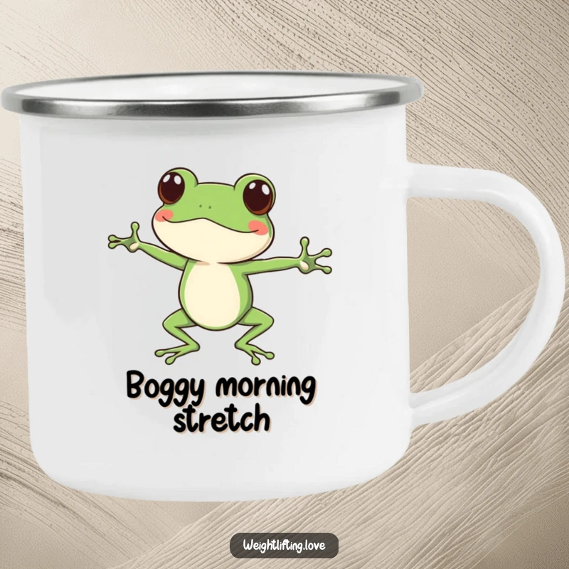 Funny focused frog camping mug, character doing yoga stretches with long legs, durable and humorous outdoor drinkware.