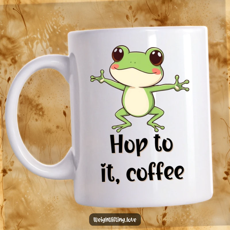 Funny focused frog mug, character doing yoga stretches with long legs, promoting calm and humor.