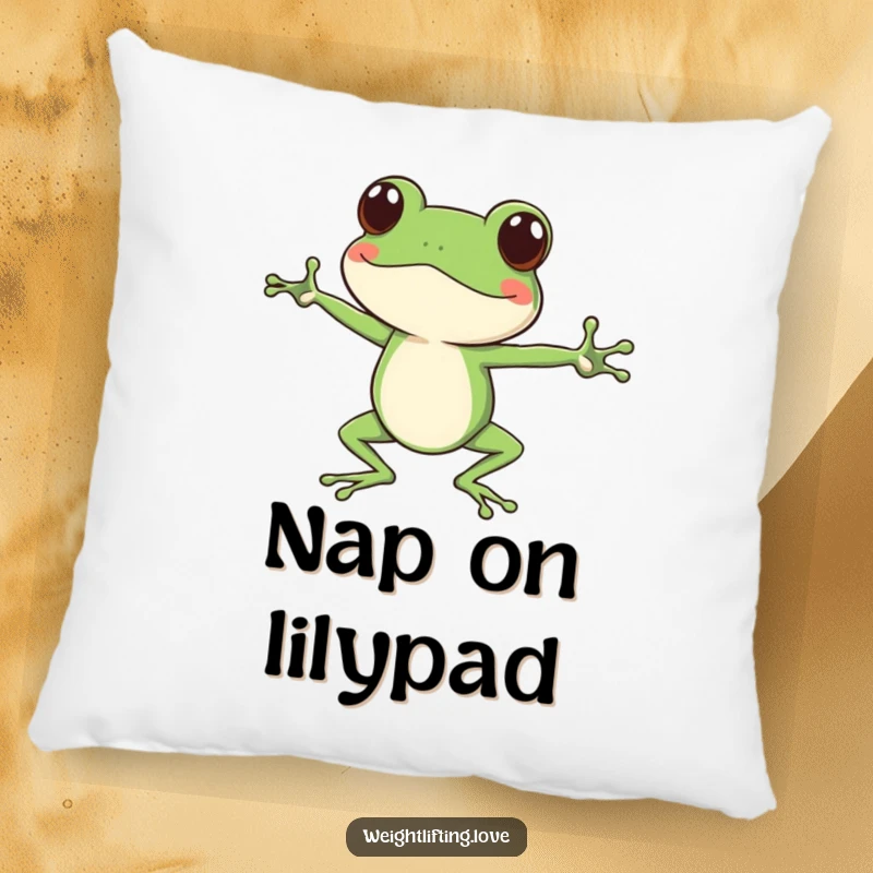 Funny focused frog pillow, character doing yoga stretches with long legs, soft and humorous home accent.