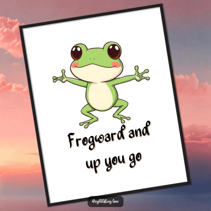 Funny Free Printable Wall Art: A green frog character performing an impressive split stretch with its long legs, looking serene.