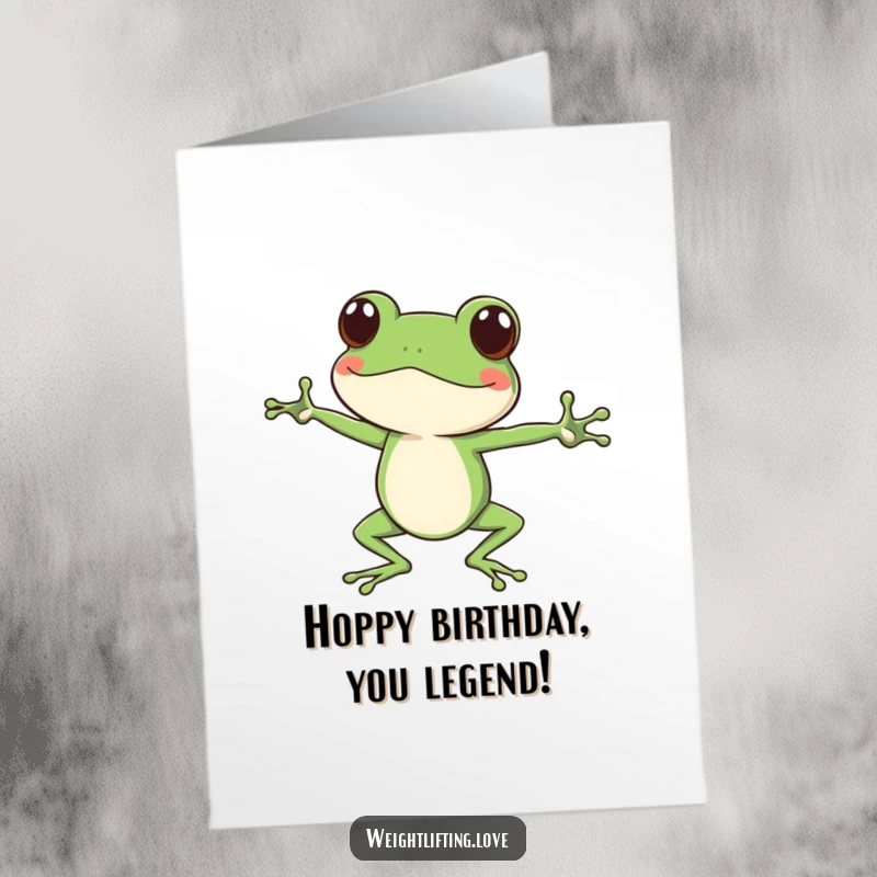 Funny Free Printable Birthday Card: Green frog in a deep leg stretch, looking focused and ready to celebrate birthdays.