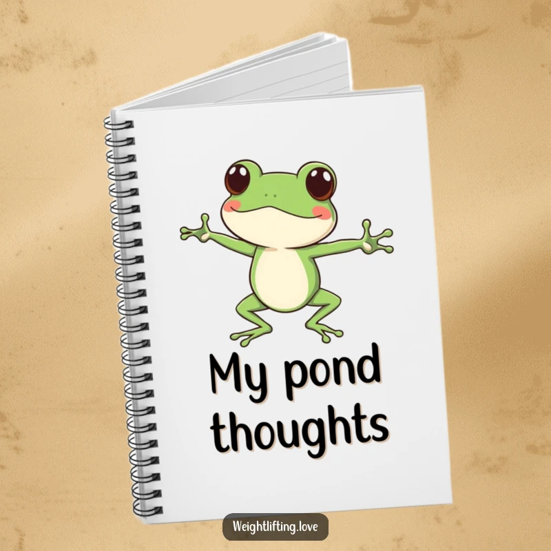 Funny focused frog notebook, character doing yoga stretches with long legs, ideal for notes and humorous calm.