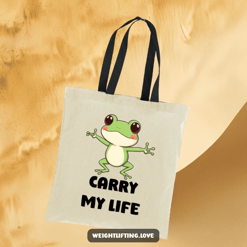Funny focused frog tote bag, character doing yoga stretches with long legs, humorous and practical accessory.
